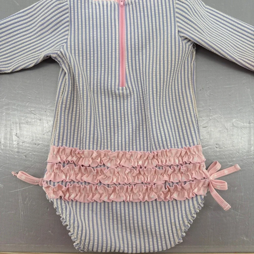 RuffleButts Baby Girl‎ Blue Seersucker Striped LS One Piece Swimsuit 12-18M